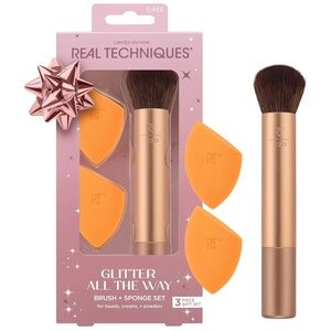 New Real Techniques Glitter All The Way Brush & Sponge 3-Piece Holiday Set